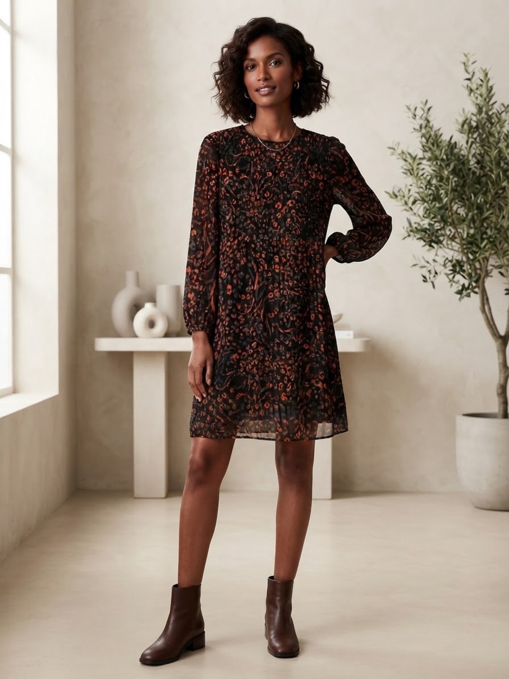 Nine West Black Long-Sleeve Floral Shift Dress with Rust Accents
